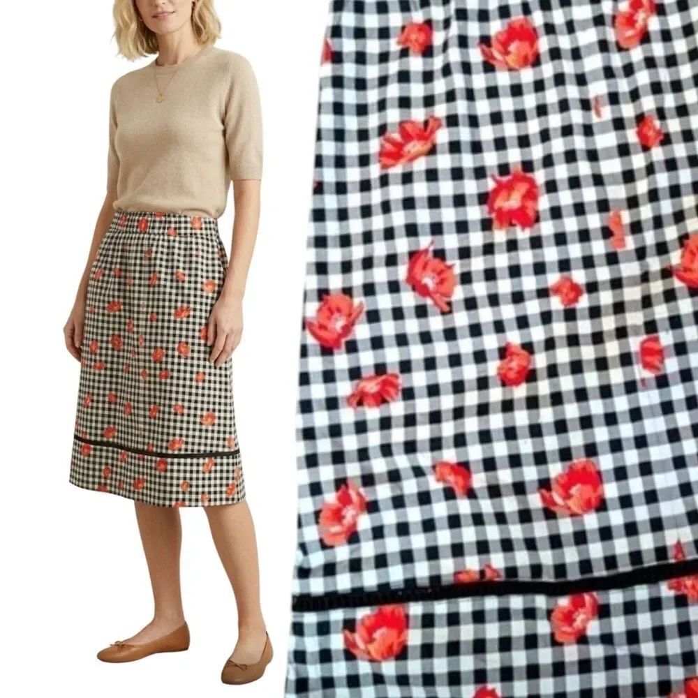 Gingham floral a line elastic band A-line midi cotton skirt size s